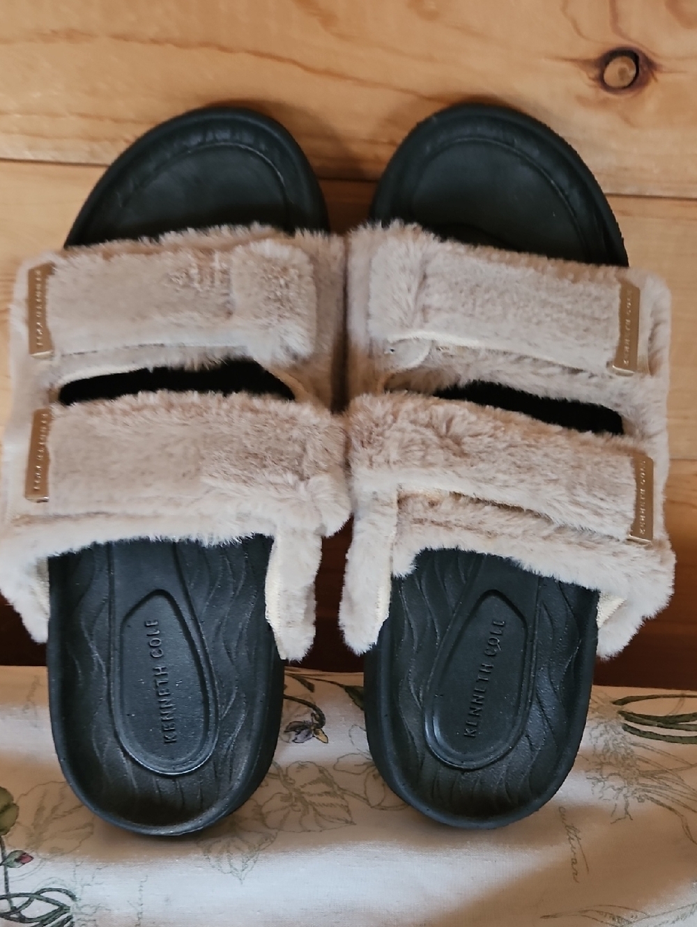 Kenneth Cole Plush Double-Strap Slide Sandals in Beige and Black